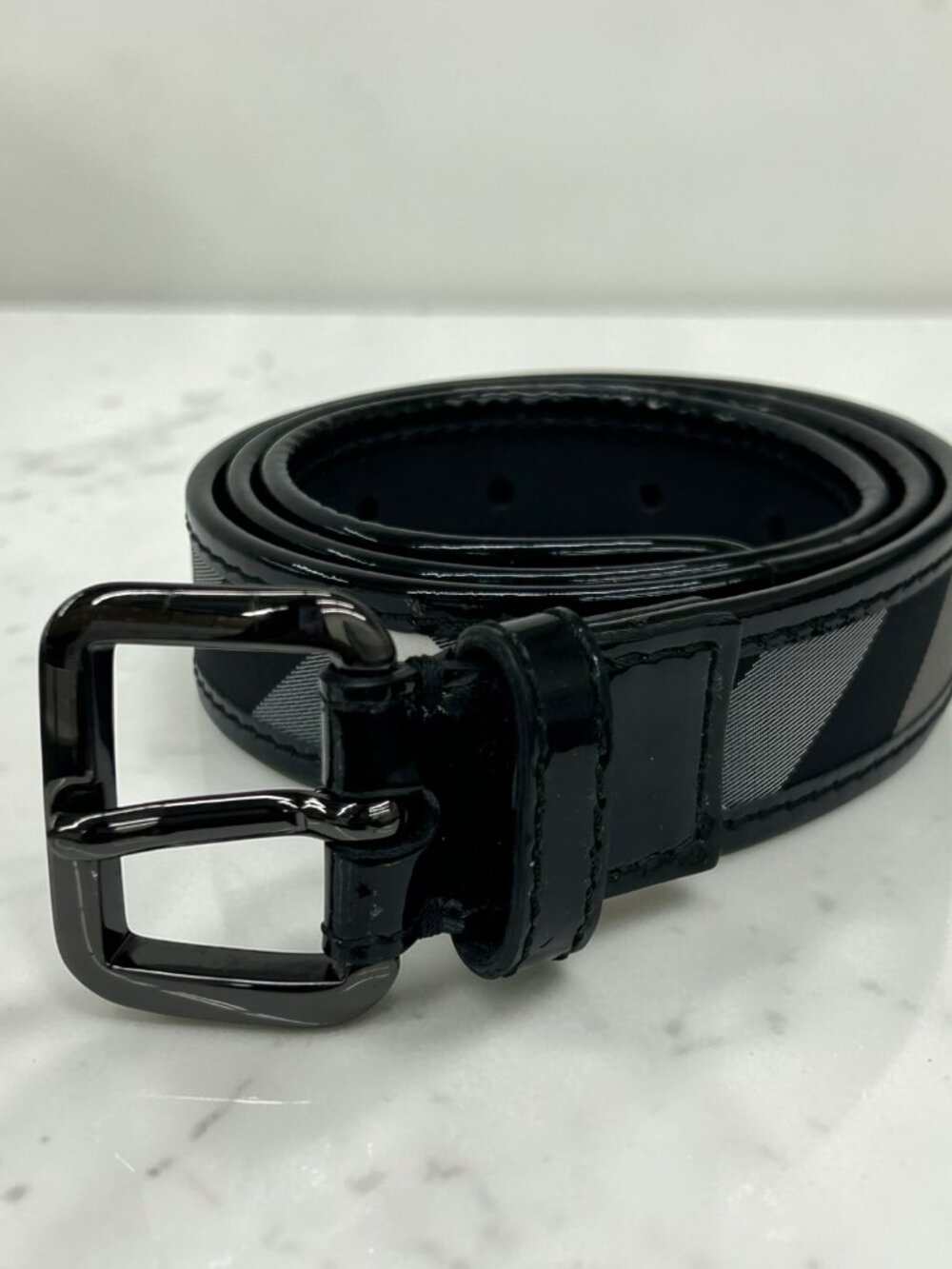 Burberry Black Beat Check and Patent Leather Belt, Size US 32